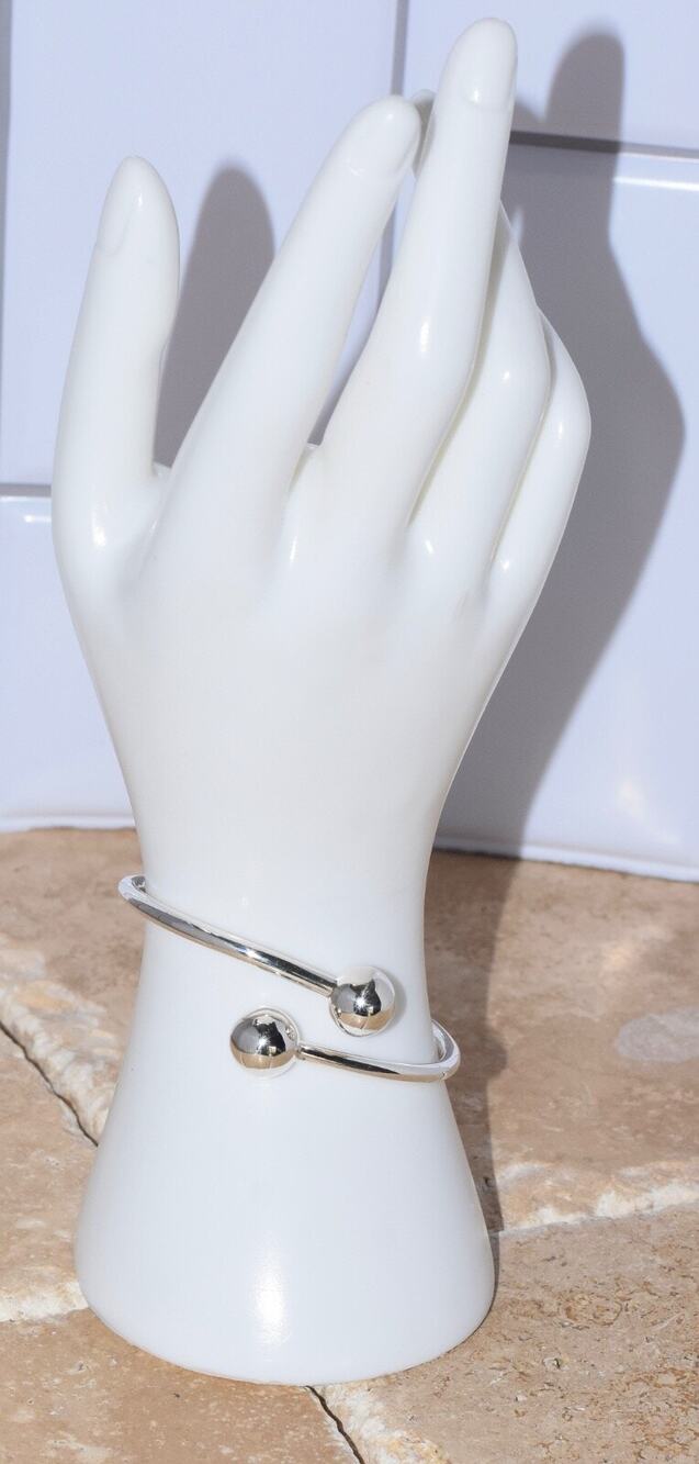 Modernist Adjustable Open Cuff Ball Tips Bangle Bracelet 925 Sterling Silver